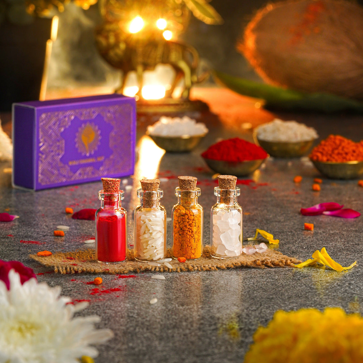 Roli, Chawal ,Chandan, Mishri Tilak Set | Gold Foil Purple Gifting Pack