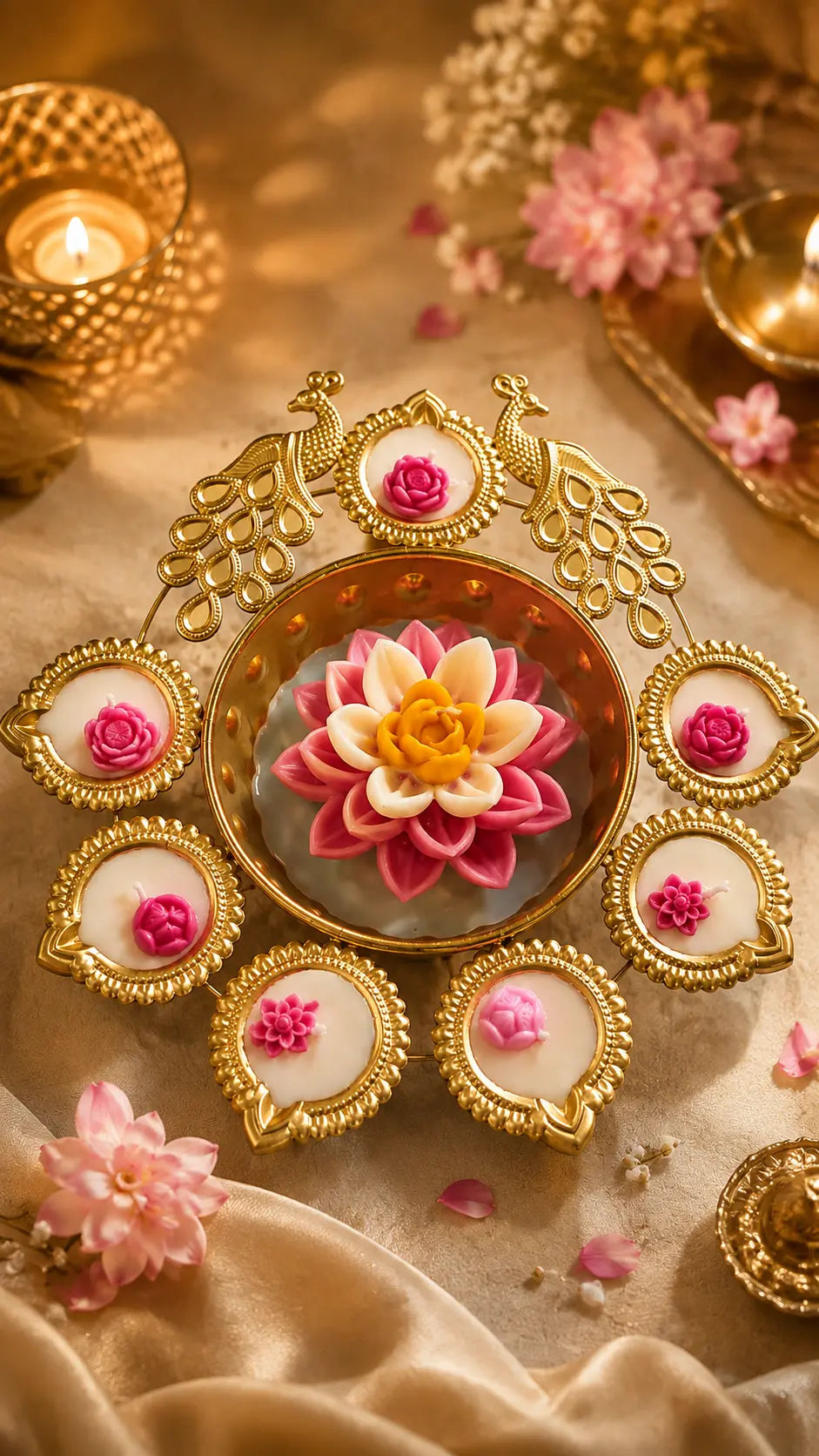 An ornate gold-toned decorative diya holder arranged on a draped beige fabric surface with pink flowers and lit candles in the background. The central diya contains layered pink, cream, and yellow flower petals, with six smaller pink-and-cream flower diyas arranged around it.