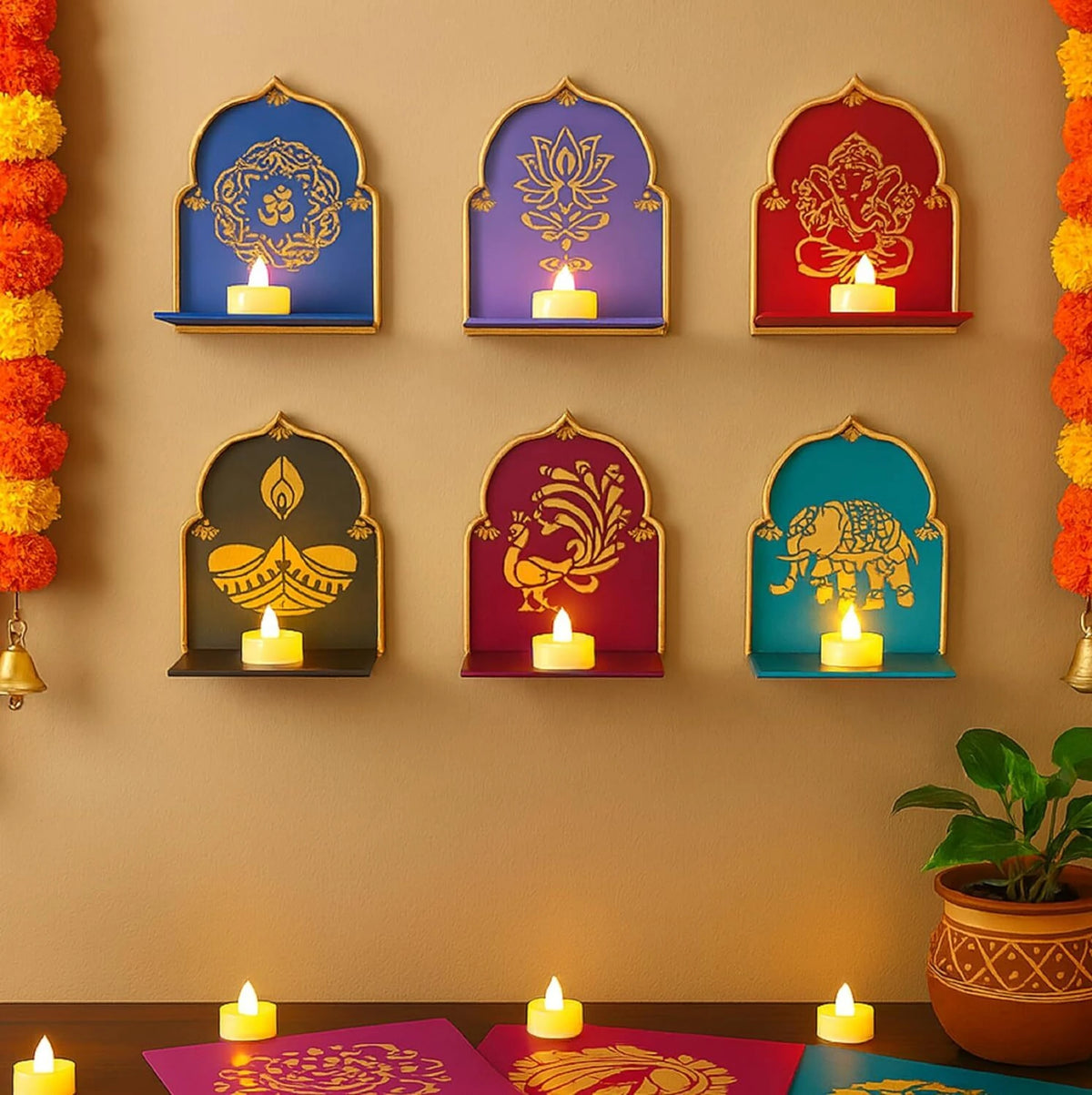 Lotus Diya Candle Holder Wall Decor [ Pack of 6 ]