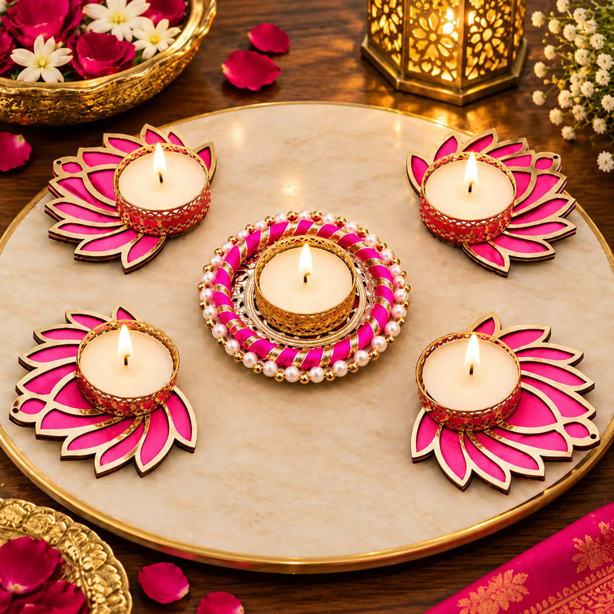Handcrafted 5 Pc Pink Lotus Chudi Diya Rangoli Candles