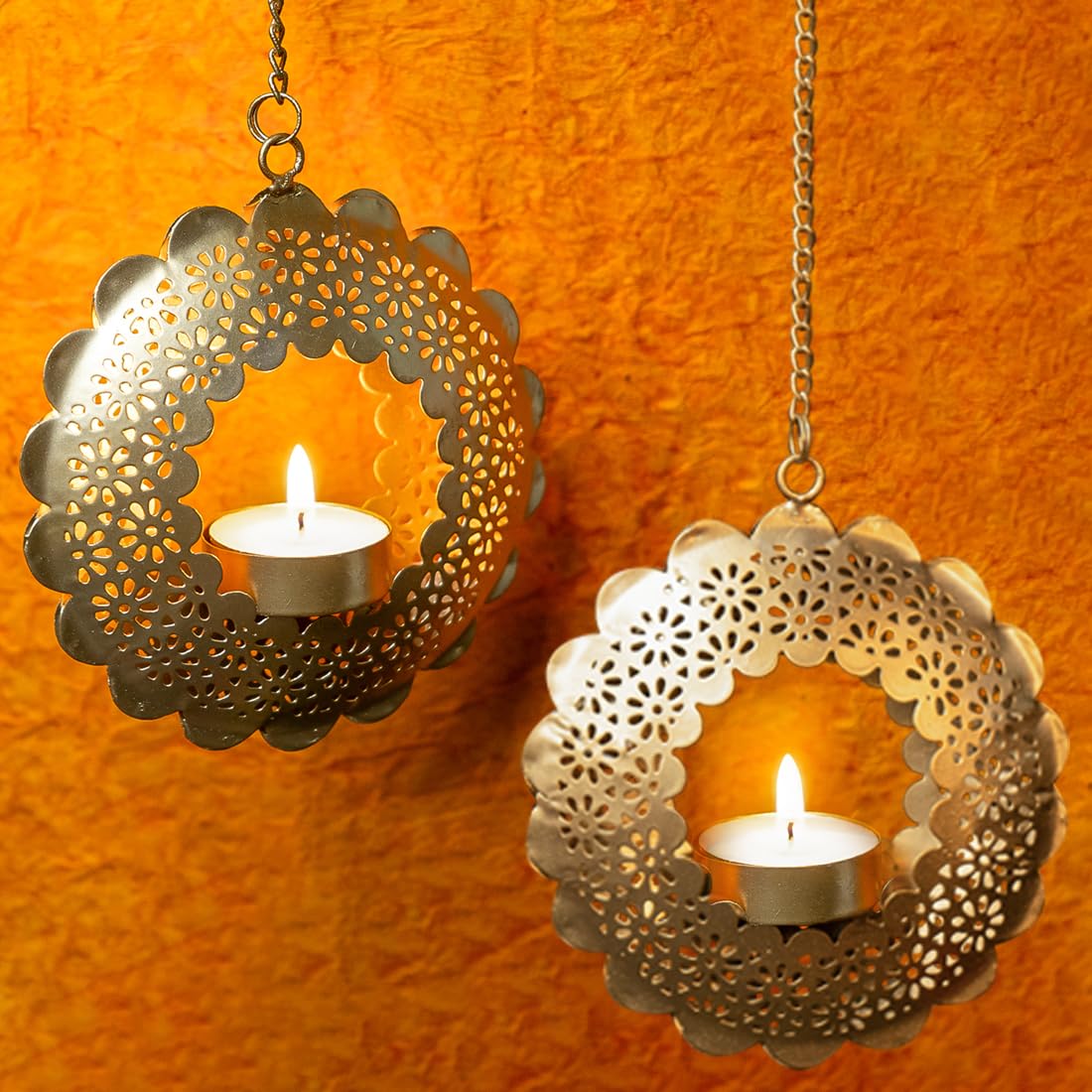 Golden Glow Hanging Metal Tealight Lanterns [ Pack of 2 ]