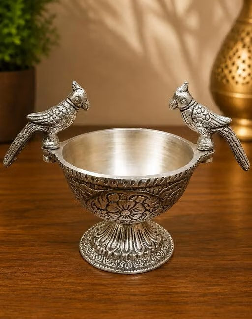 Vintage Silver Finish Decorative Bowl with Bird on Handles [ Set of 2 ]