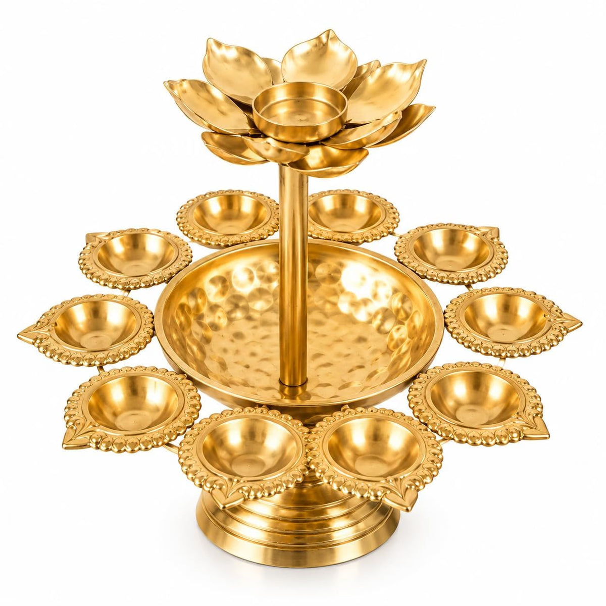 Golden Metal Pack Of 2 Urli with Diya Holders & Lotus Tea Light Stand for Diwali Decoration, Pooja & Home Decor