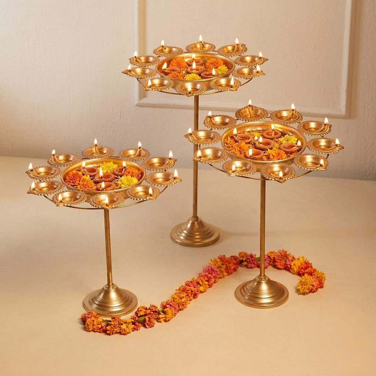Decorative Metal Pedestal Urli with Diya Holder [ Pack of 3 ]