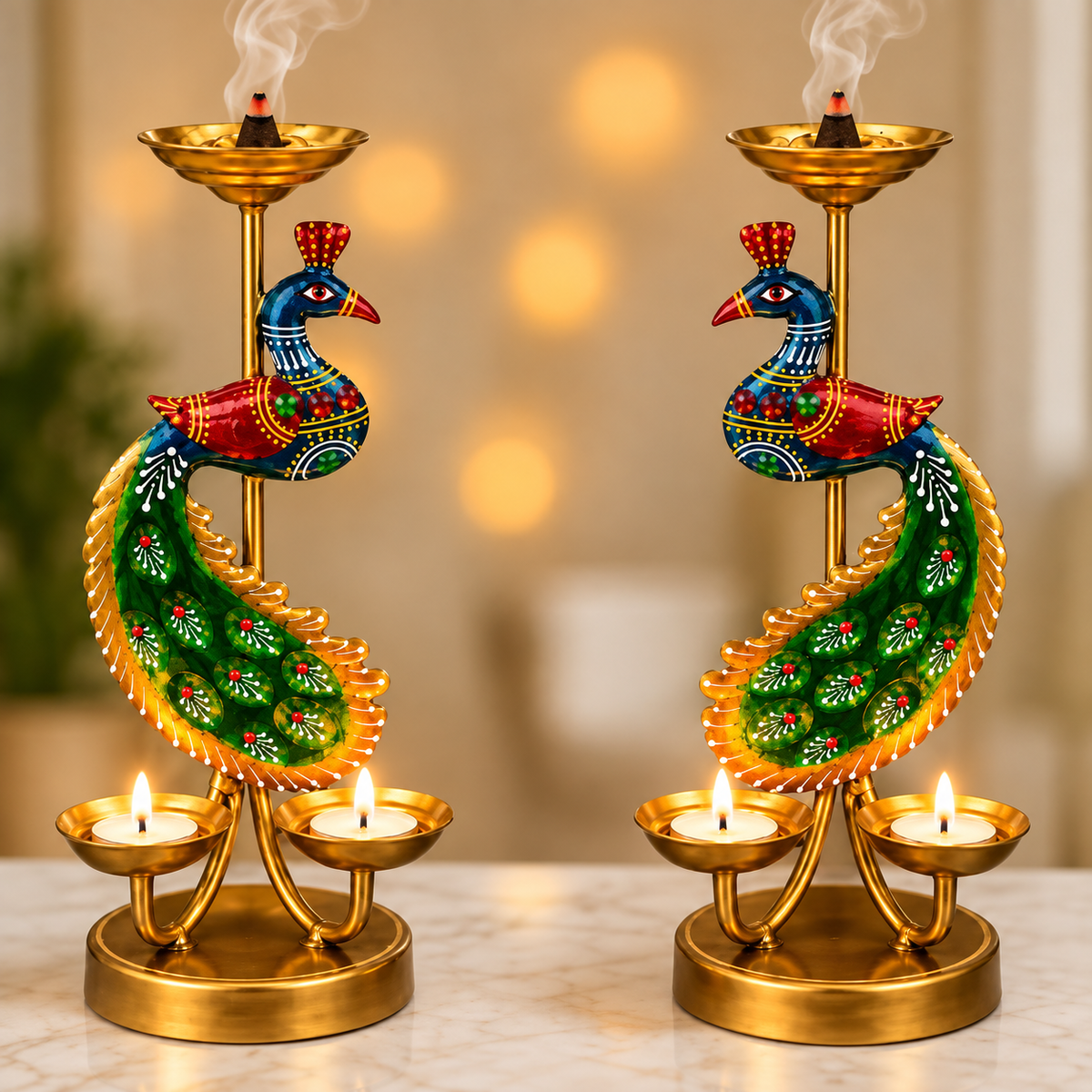 Peacock Pair T-Light Stand  Festival & Pooja Room Decor [ Pack of 2 ]