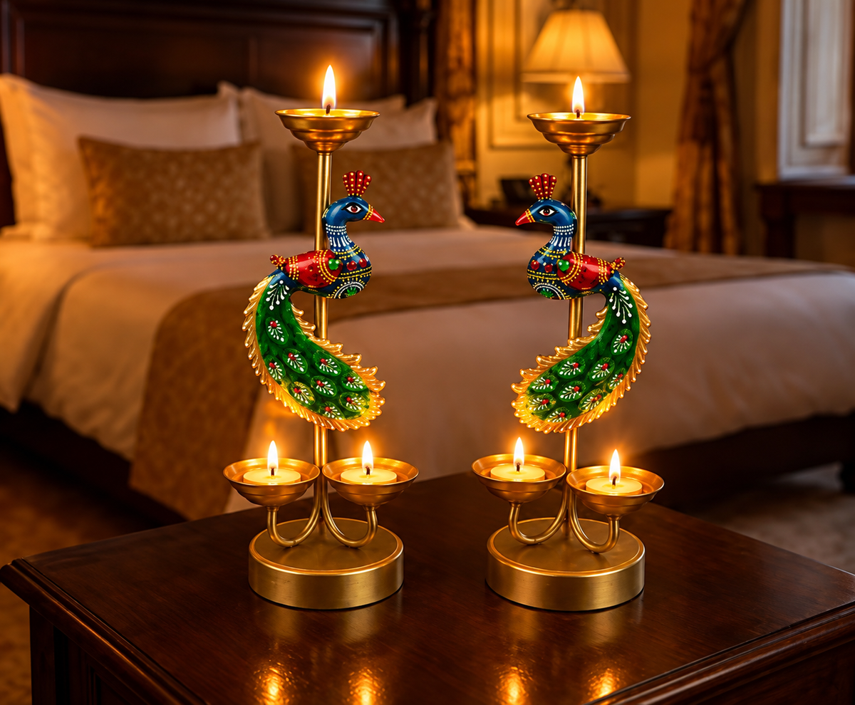Peacock Pair T-Light Stand  Festival & Pooja Room Decor [ Pack of 2 ]