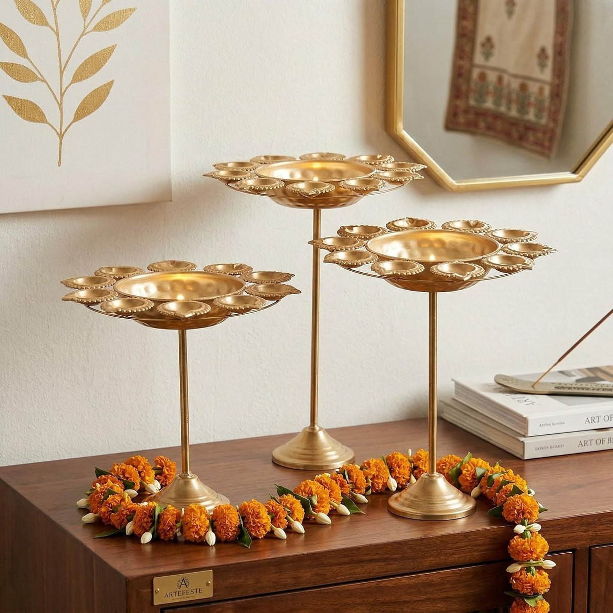 Decorative Metal Pedestal Urli with Diya Holder [ Pack of 3 ]