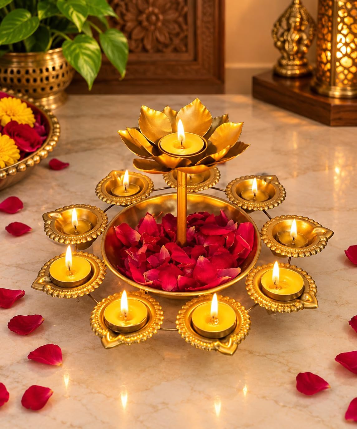 Golden Metal Pack Of 2 Urli with Diya Holders & Lotus Tea Light Stand for Diwali Decoration, Pooja & Home Decor