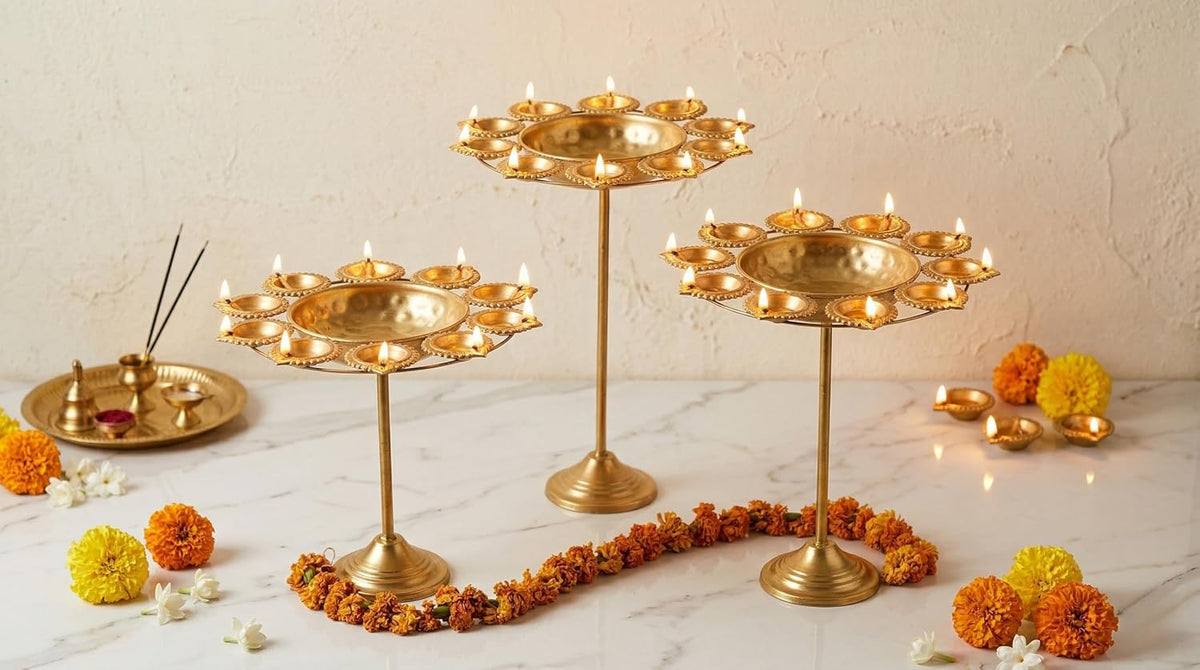 Decorative Metal Pedestal Urli with Diya Holder [ Pack of 3 ]