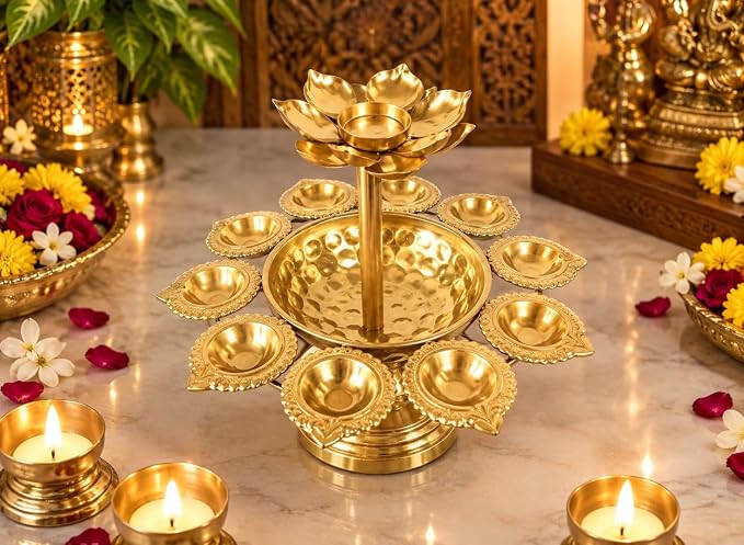 HEXALE Lotus Urli Diya Stand with 6 Decorative Metal Diyas & Floral Bowl