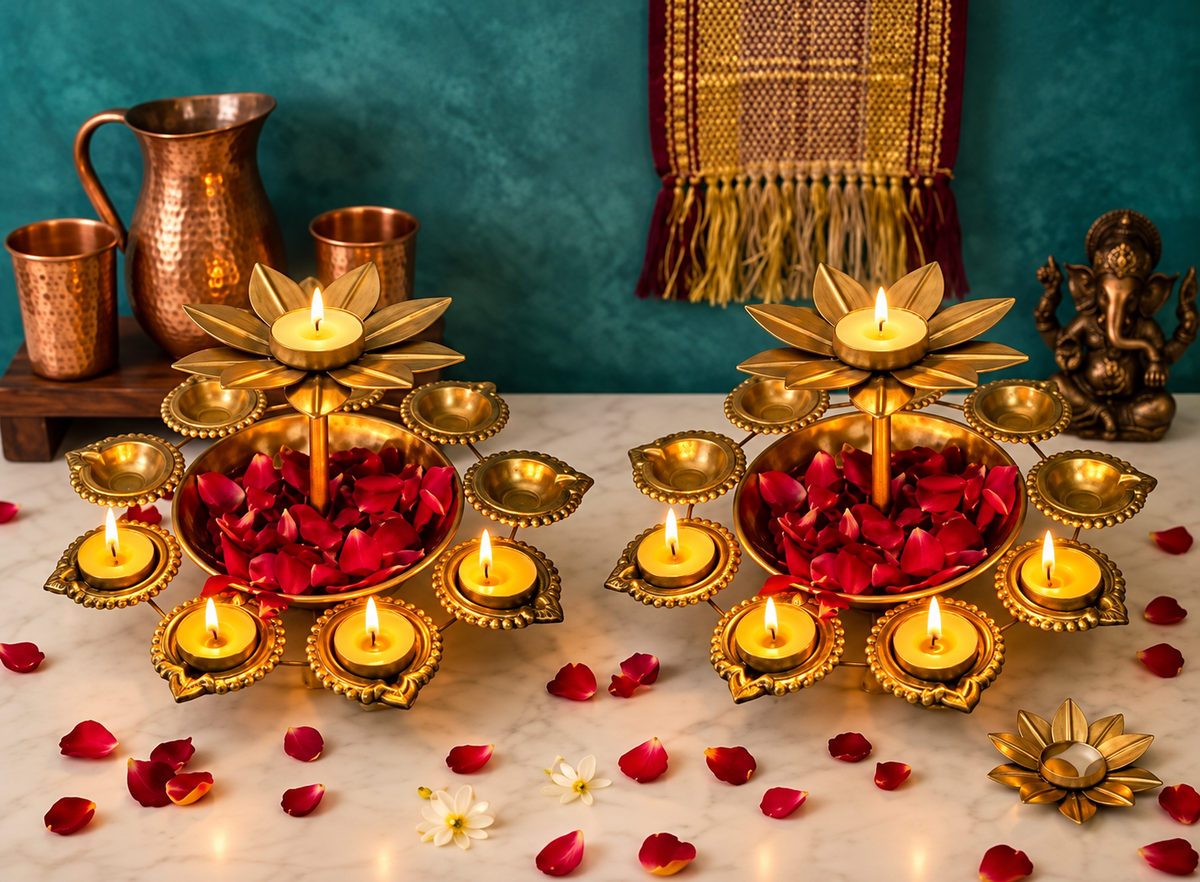 Golden Metal Pack Of 2 Urli with Diya Holders & Lotus Tea Light Stand for Diwali Decoration, Pooja & Home Decor