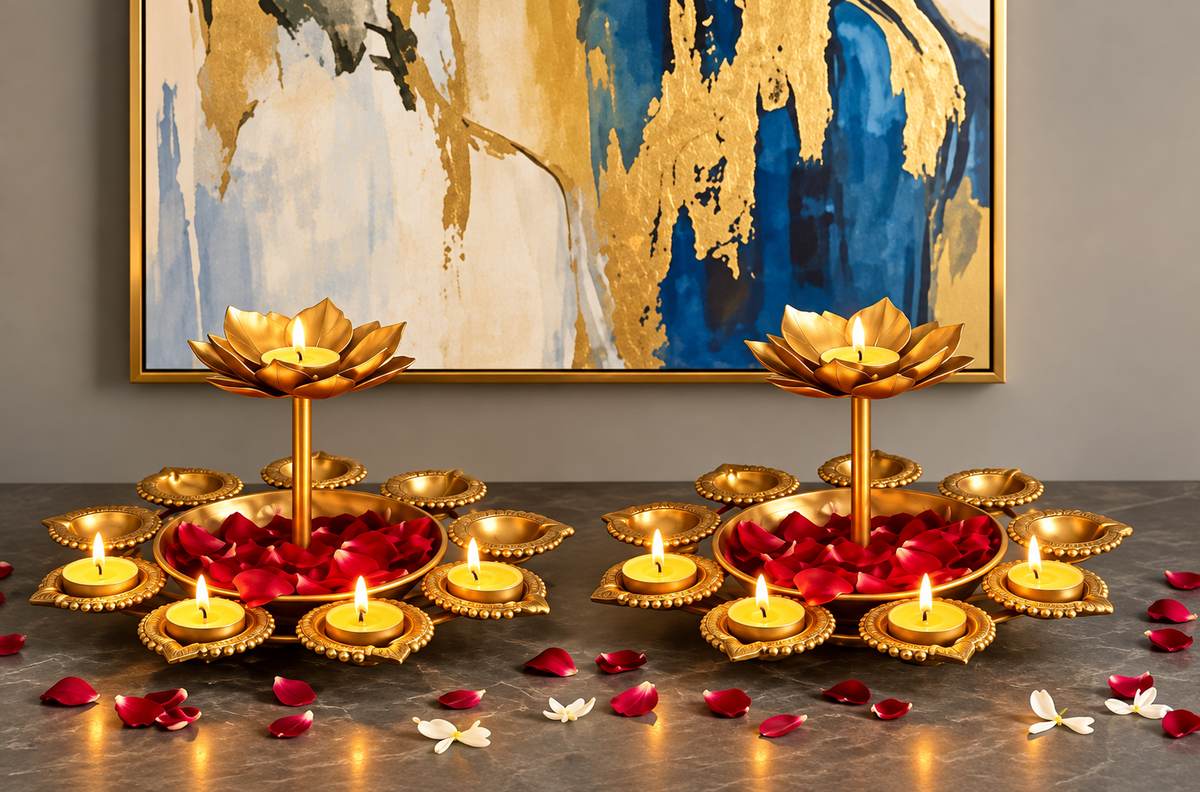 Golden Metal Pack Of 2 Urli with Diya Holders & Lotus Tea Light Stand for Diwali Decoration, Pooja & Home Decor