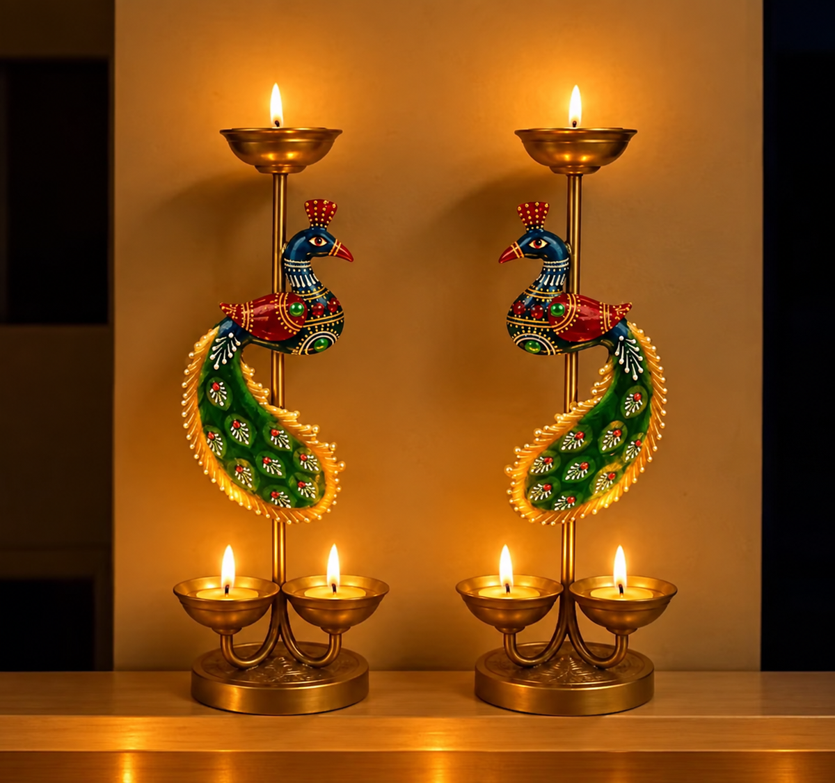Peacock Pair T-Light Stand  Festival & Pooja Room Decor [ Pack of 2 ]