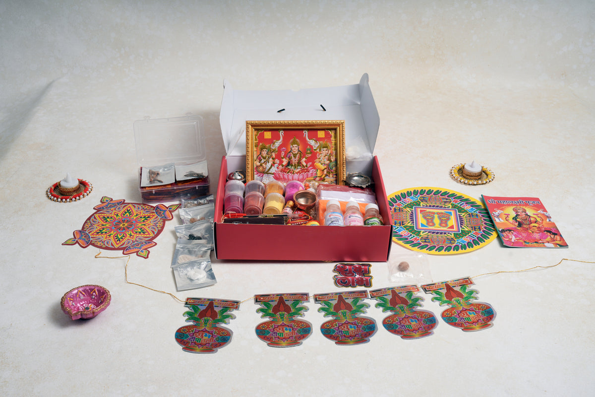 Diwali Lakshmi Puja Kit by Gift Culture | 57+ Items Complete Pujan Samagri Box with Frame, Diyas, Chopda Book & Toran