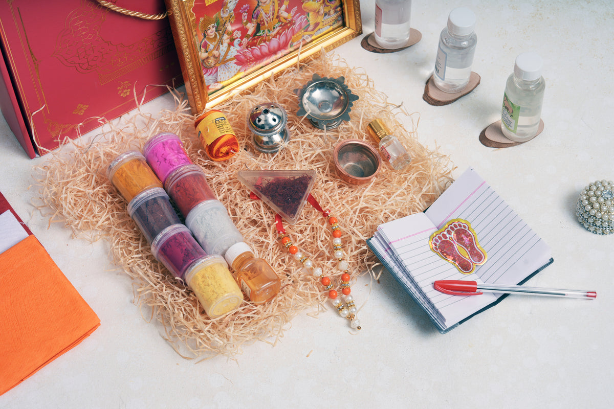 Diwali Lakshmi Puja Kit by Gift Culture | 57+ Items Complete Pujan Samagri Box with Frame, Diyas, Chopda Book & Toran