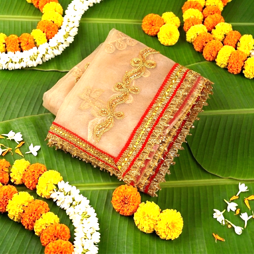 Golden Floral Embroidered Mata Chunri | 41.5 x 18 inch