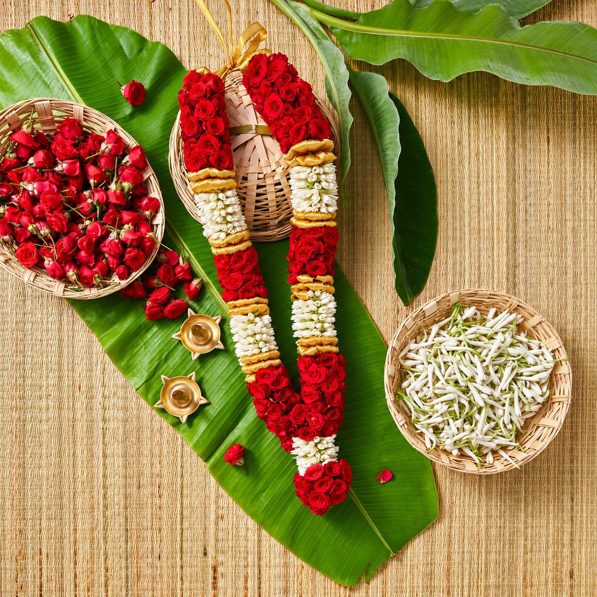 White Sampangi & Red Button Rose Garland | Sampangi Roja Maalai | Button Rose Gulab Mala