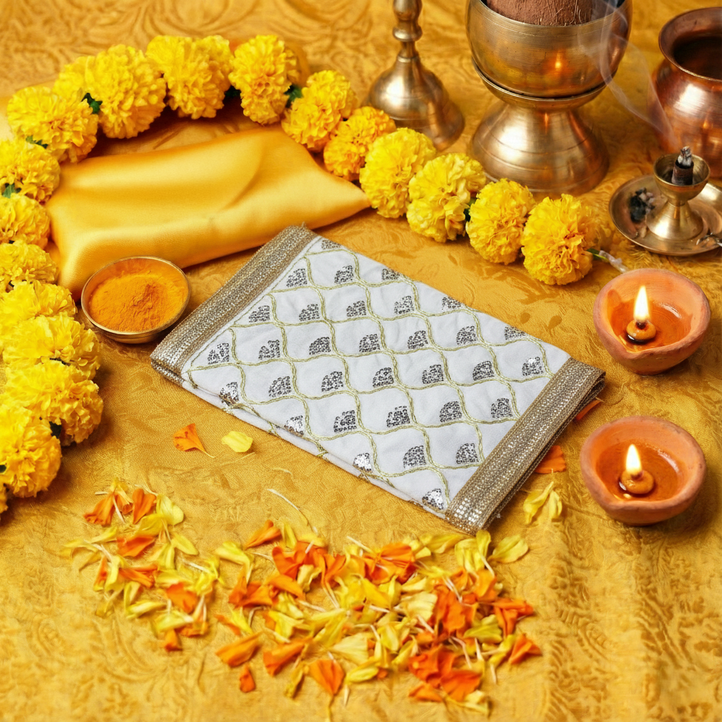 Premium White Shailputri Mata Chunri | Navratri White Chunri/Aasan | 26 x 10 inch