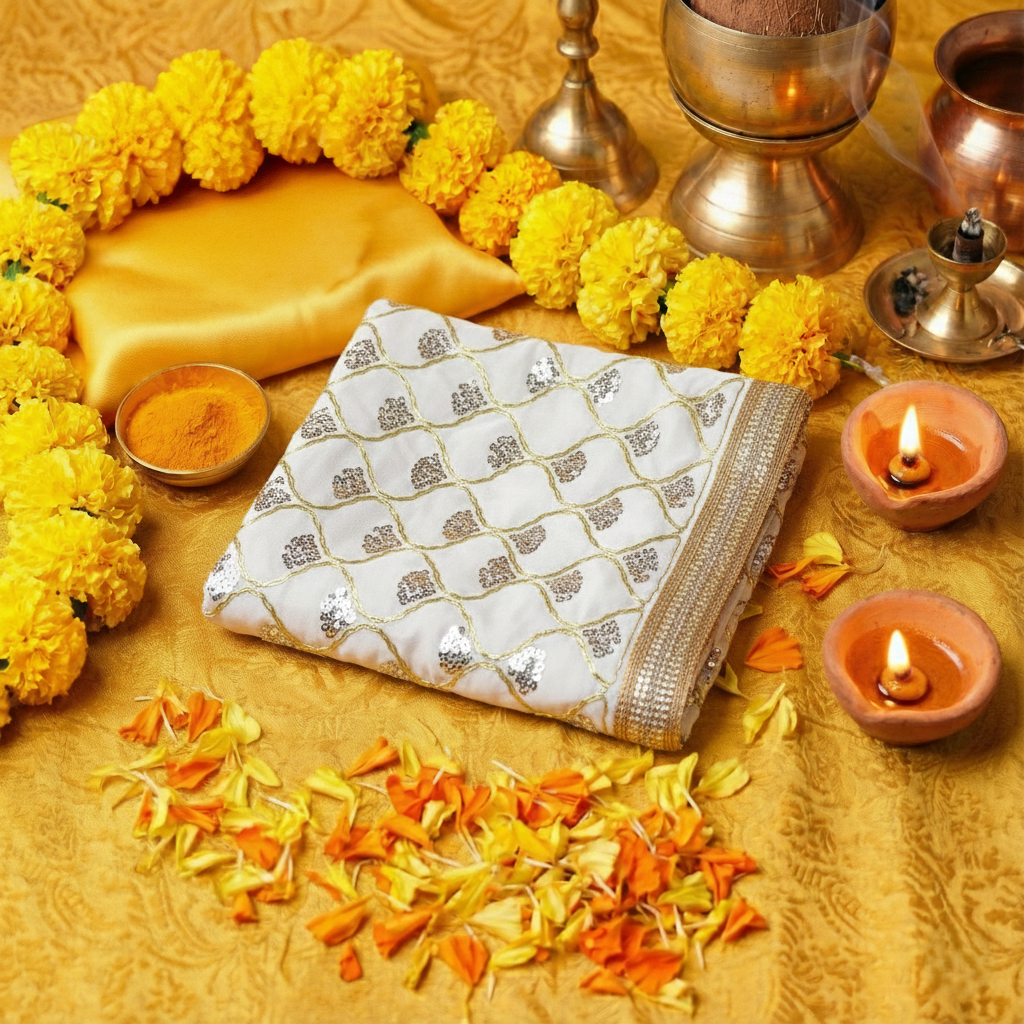 Premium White Shailputri Mata Chunri | Navratri White Chunri/Aasan | 26 x 10 inch
