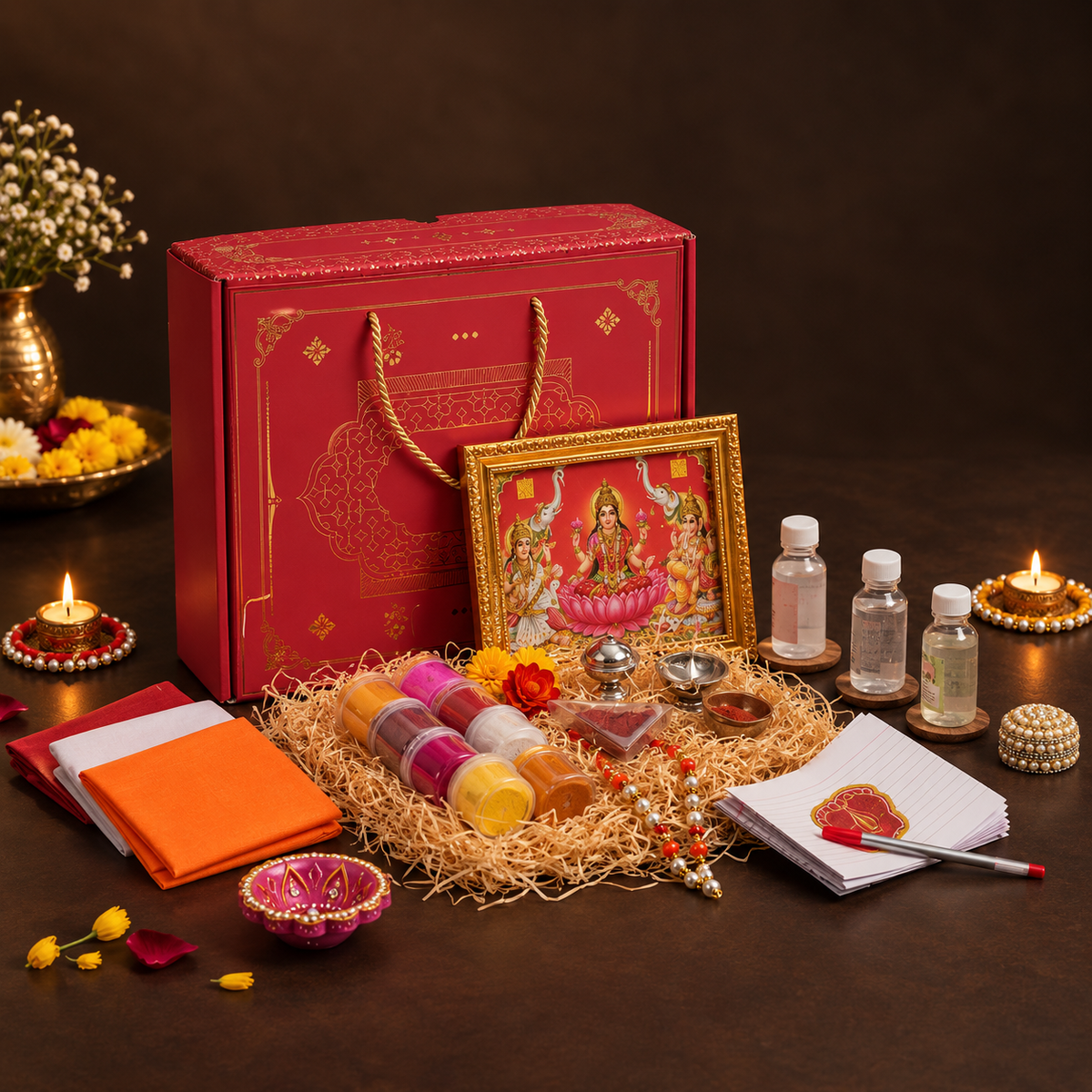 Diwali Lakshmi Puja Kit by Gift Culture | 57+ Items Complete Pujan Samagri Box with Frame, Diyas, Chopda Book & Toran