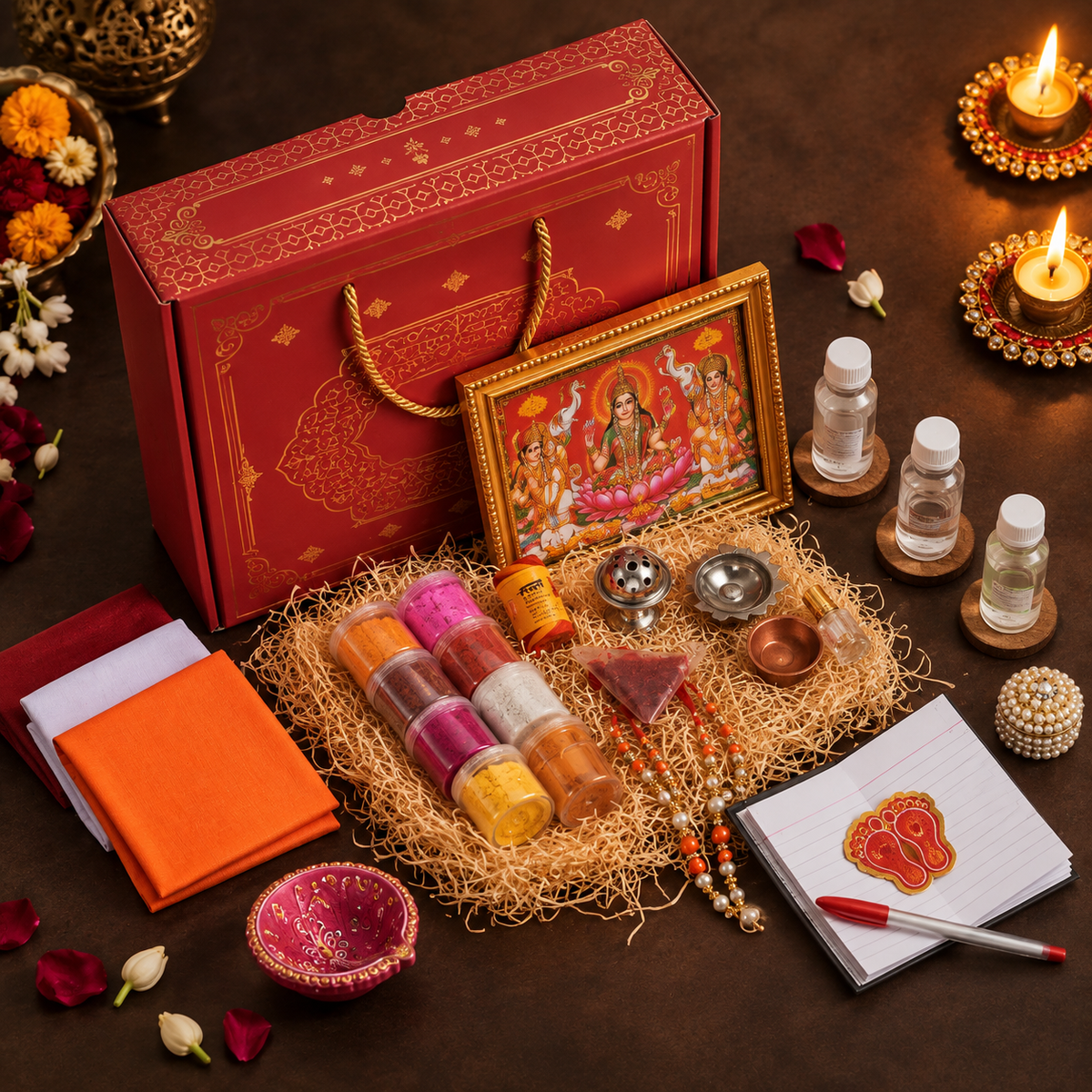 Diwali Lakshmi Puja Kit by Gift Culture | 57+ Items Complete Pujan Samagri Box with Frame, Diyas, Chopda Book & Toran