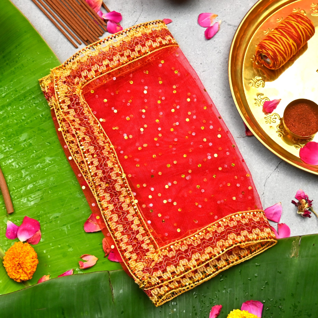 Shimmering Red Mata Chunri |Net Fabric Chunri | 25x11 in