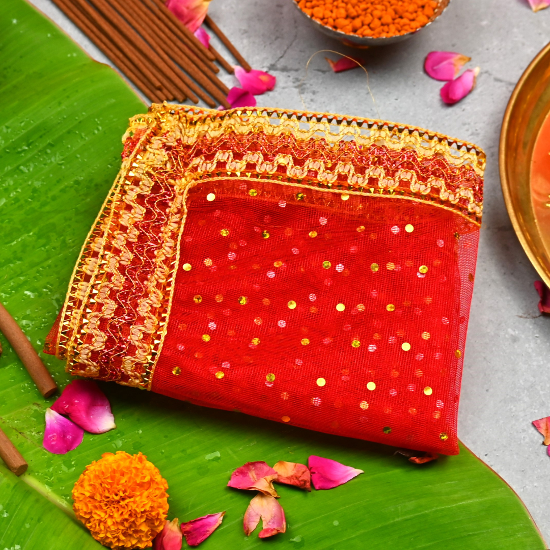 Shimmering Red Mata Chunri |Net Fabric Chunri | 25x11 in