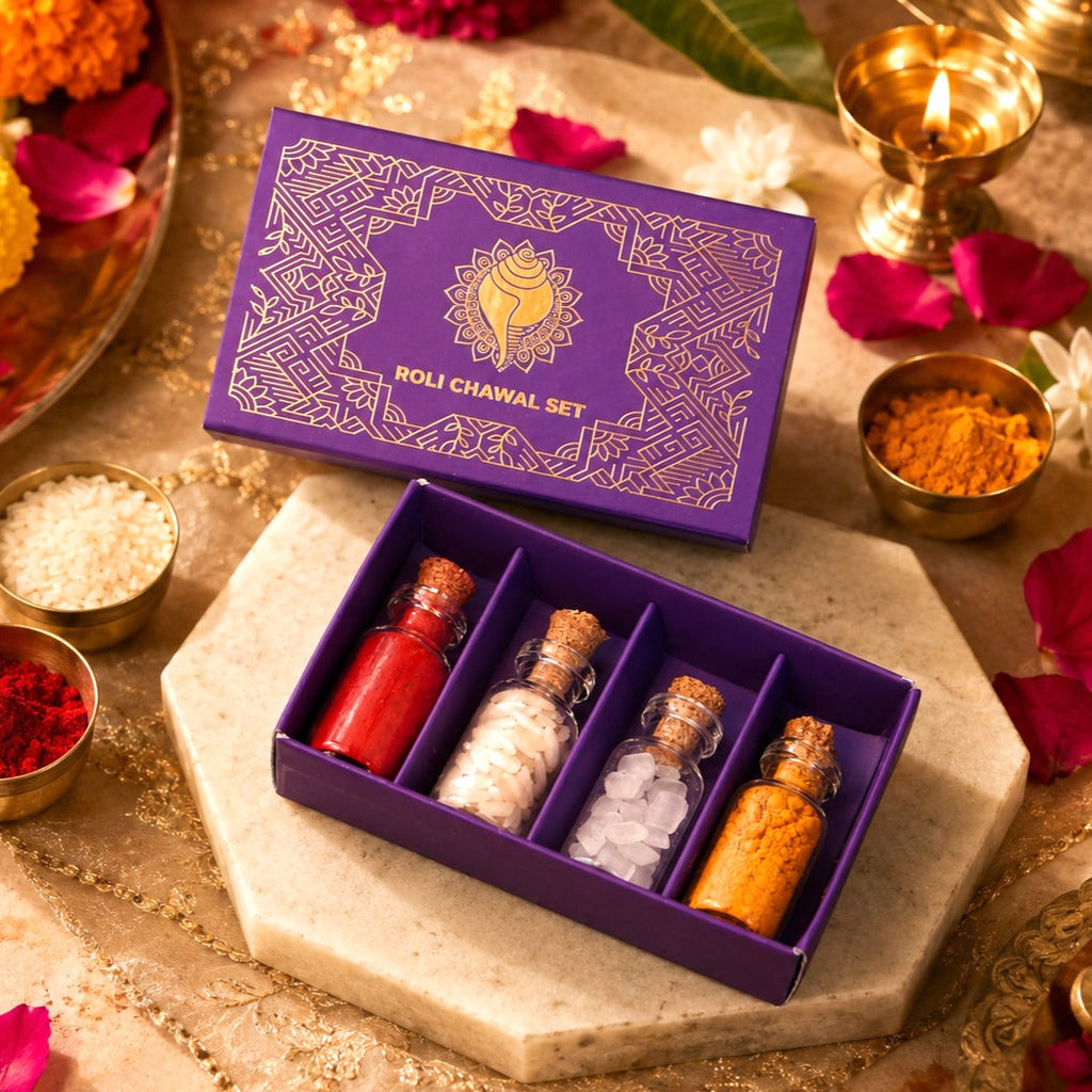 Roli, Chawal ,Chandan, Mishri Tilak Set | Gold Foil Purple Gifting Pack