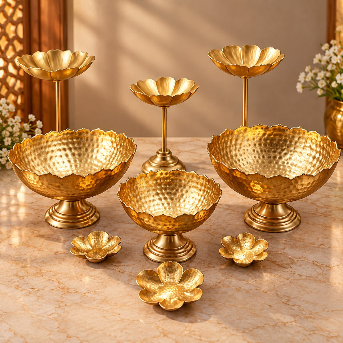 Metal Taj Bowl Hammered Urli and Candle Stand (Set of 9 Pieces)
