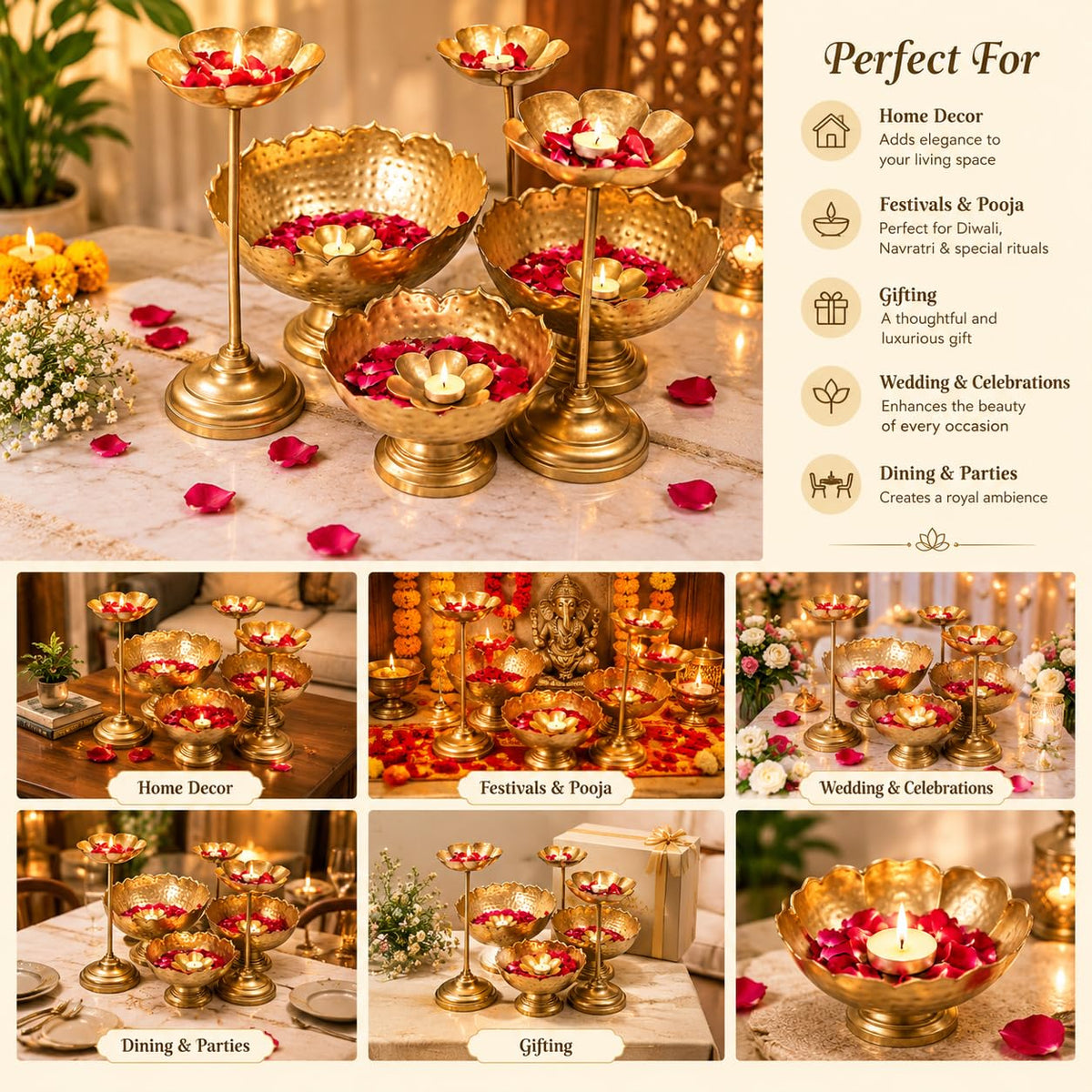 Metal Taj Bowl Hammered Urli and Candle Stand (Set of 9 Pieces)