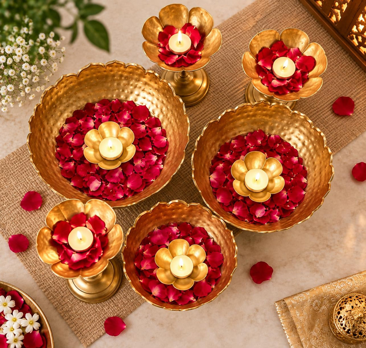 Metal Taj Bowl Hammered Urli and Candle Stand (Set of 9 Pieces)